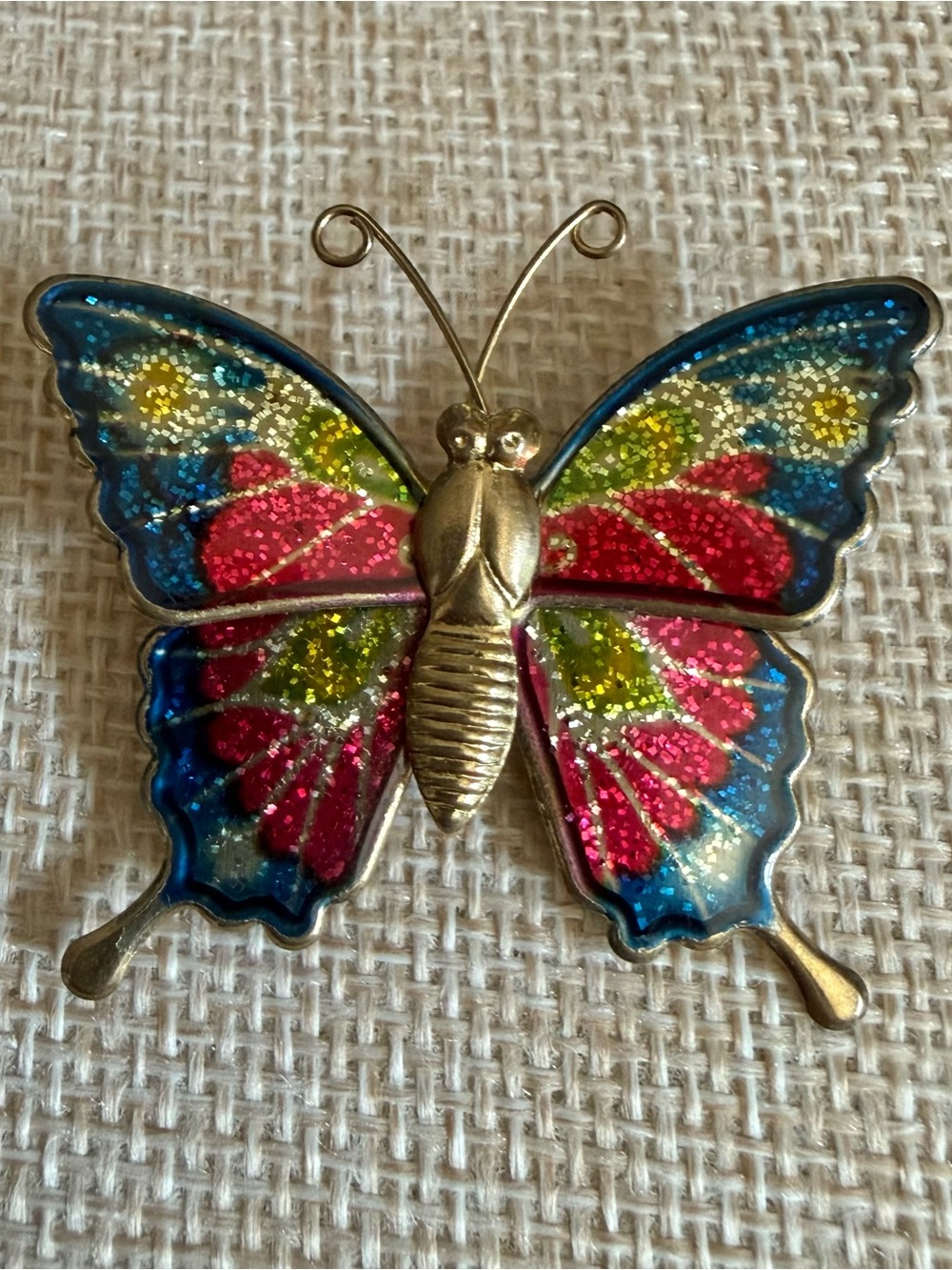 Y2K Butterfly Brooch Pink Blue Yellow Glittery Hues on Gold Tone Metal